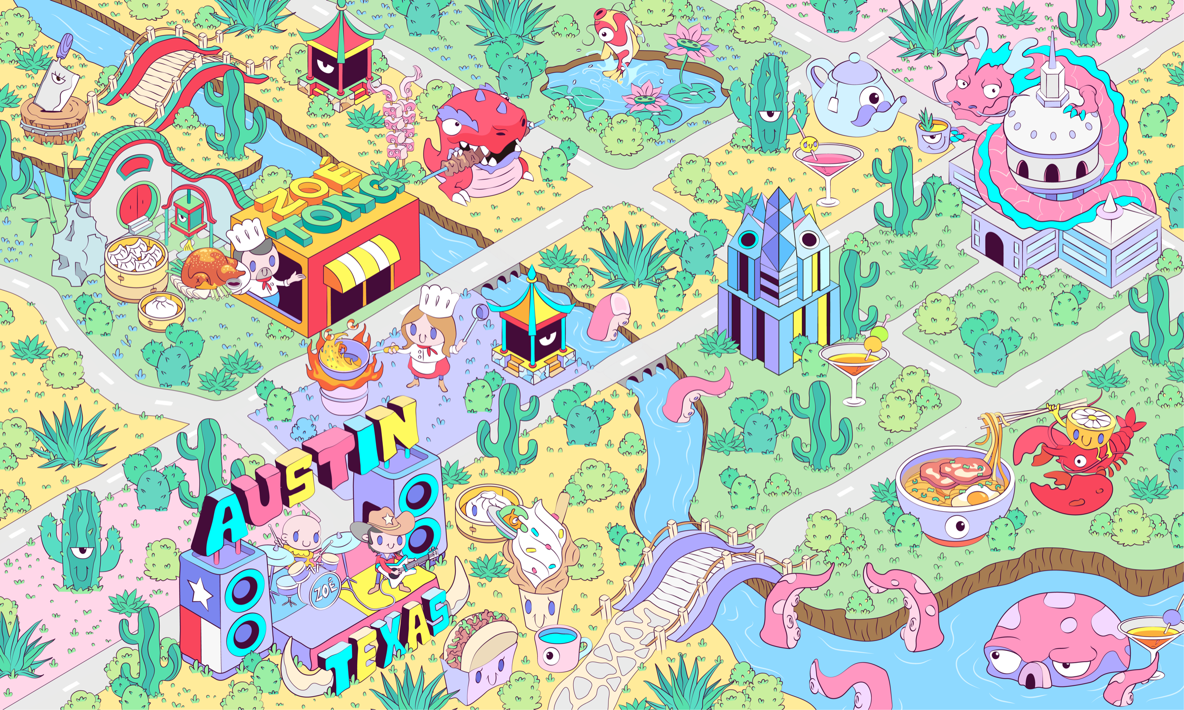 Illustrated map of Pink Flamingo Food Court